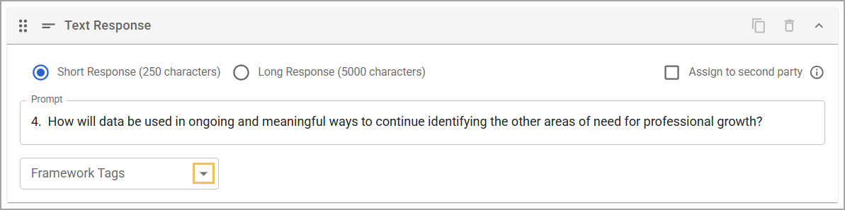 Text response prompt with a Framework Tags drop-down menu.